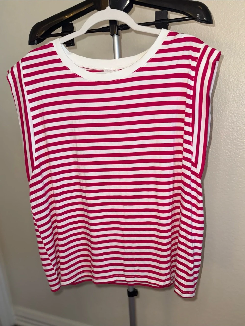 Women’s Pink and White Striped Crewneck Tank Top - Picture 1 of 4